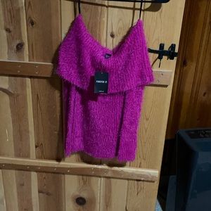 Pink fur off shoulder sweater